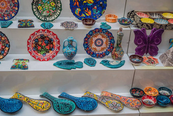 集合土耳其陶瓷出售大集市伊斯坦布尔火鸡土耳其色彩斑斓的观赏陶瓷纪念品盘子
