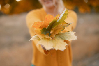 女人持有秋天树叶自然秋天女人树叶背景