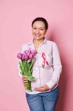 怀孕了女人缎丝带郁金香群支持癌症病人意识运动战斗乳房癌症