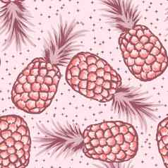 手画无缝的模式粉红色的水果菠萝热带丛林夏天可爱的字符卡通设计孩子们孩子们类人卡哇伊食物美味的甜点零食吃复古的古董