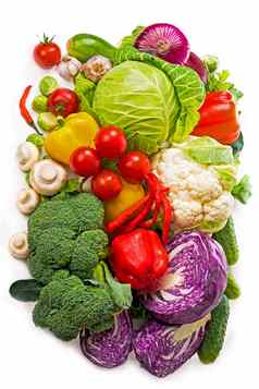 集合新鲜的蔬菜素食者饮食食物新鲜的蔬菜孤立的白色西红柿西兰花辣椒蘑菇产品有机市场