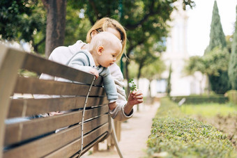 年轻的<strong>妈妈</strong>。可爱的婴儿婴儿男孩孩子倾斜回来木板凳上灌木城市公园持<strong>有</strong>观察绿色<strong>植物</strong>年轻的叶子学习生活自然