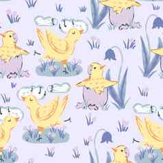 手画可爱的无缝的模式黄色的鸡跳舞唱歌音乐云花有趣的设计孩子们孩子们托儿所国内动物鸟家禽母鸡复活节鸡蛋概念春天打印