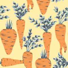 无缝的手画模式橙色成熟的胡萝卜灰色叶子有机健康的自然食物维生素素食者素食主义者烹饪设计插图纺织包装纸壁纸明亮的收获