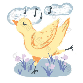 手画可爱的插图黄色的鸡跳舞唱歌音乐云花有趣的设计孩子们孩子们托儿所国内动物鸟家禽母鸡复活节概念春天打印