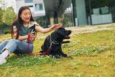 玩狗年轻的亚洲女人在户外白天