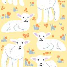 手画无缝的模式可爱的白色羊肉羊春天复活节概念农场动物打印孩子们孩子们nurserry装饰柔和的画黄色的背景