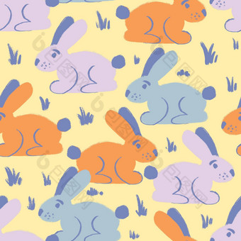 手画无缝的模式橙色蓝色的紫色的复活节兔子小兔子可爱的兔子春天草花园有趣的卡通孩子们孩子们托儿所农场动物打印