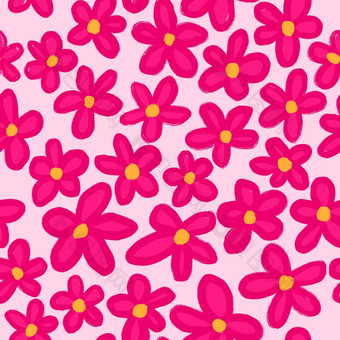 手画无缝的模式热超粉红色的黛西花粉红色的背景简单的极简主义花打印卡通放荡不羁的波西米亚风格春天花园自然植物浪漫的时尚的布鲁姆