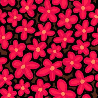 手画无缝的模式复古的红色的黛西花黑暗棕色（的）背景简单的极简主义花打印卡通放荡不羁的波西米亚风格春天花园自然植物浪漫的时尚的布鲁姆