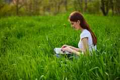 女自由职业者工作自然坐在草自然移动PC阳光明媚的夏天一天