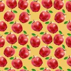 插图现实主义无缝的模式水果苹果红色的颜色黄色的背景