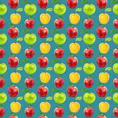 插图现实主义无缝的模式水果苹果颜色蓝色的背景