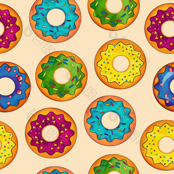 无缝的模式甜甜圈多彩色的米色背景糖果糖果前视图