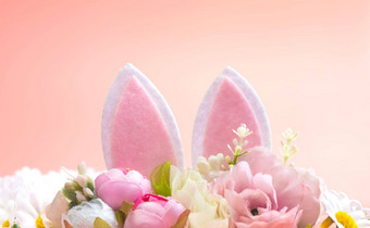 春天假期有创意的背景兔子耳朵装饰布鲁姆花柔和的粉红色的主题有创意的复制空间复活节概念