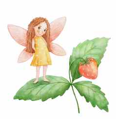 可爱的仙女站草莓叶水彩插图孩子孤立的白色