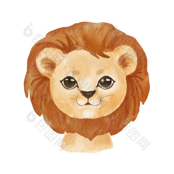 可爱的肖像狮子头卡通风格画非洲婴儿野生猫脸孤立的白色背景<strong>水彩</strong>甜蜜的狮子孩子们海报卡丛林动物