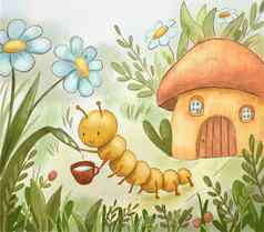 可爱的黄色的毛毛虫倒露水花房子草幼稚的书插图海报明信片