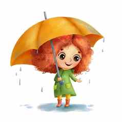 有趣的卡通女孩伞站水坑雨微笑手画插图孩子们孤立的白色