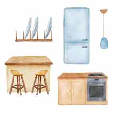 水彩可爱的厨房工具集画炉子冰箱烹饪插图孤立的白色背景