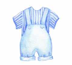 婴儿蓝色的裤子条纹t恤插图水彩草图婴儿衣服孤立的白色