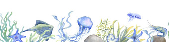 水彩水母黄貂鱼藻类海星无缝的边境海洋水下主题手画海底
