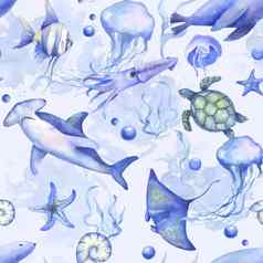 水彩鲨鱼鱿鱼乌龟水母无缝的模式海洋水下主题海洋动物