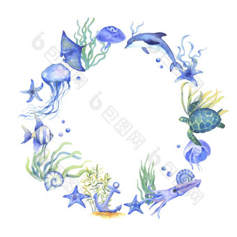 水彩水母海豚藻类海星轮框架花环海洋动物植物孤立的白色海洋主题