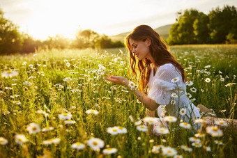 肖像美丽的女孩光夏天衣服坐着洋甘菊场欣赏花