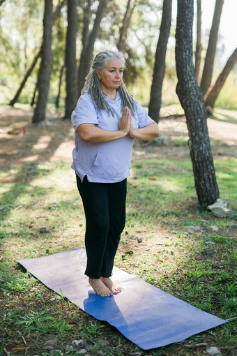 肖像成熟的女人灰色头发长发绺运动装放松冥想<strong>感</strong>觉Zen健身席公共公园在户外健康的活跃的生活方式<strong>高级</strong>上了年纪的人