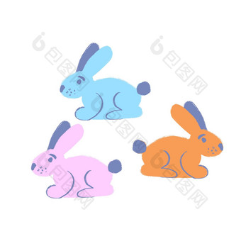 手画插图橙色蓝色的粉红色的复活节<strong>兔子</strong>小<strong>兔子</strong>可爱的<strong>兔子</strong>春天草花园有趣的卡通孩子们孩子们托儿所农场动物打印