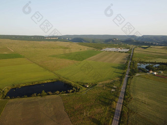 空中视图湖包围绿色小麦场农村场小麦吹风绿色海耳朵大麦作物自然农<strong>学行</strong>业食物生产