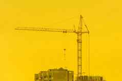 建设工业起重机背景黄色的阳光明媚的天空日落