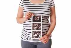 怀孕了女人站持有超声波婴儿扫描