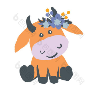 手画插图可爱的橙色蓝色的牛有趣的农场动物花花孩子们孩子们托儿所装饰自然农舍cottagecore牛肉牛牛奶牛国内农场