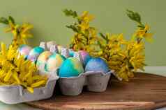 色彩斑斓的复活节鸡蛋绿色背景黄色的花