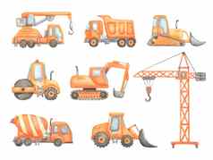 建设挖掘路辊起重机卡车水彩插图集孤立的白色幼稚的可爱的建设车辆男孩托儿所婴儿淋浴
