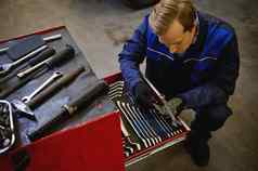 前视图车机械师技术员采取扳手盒子修复商店车库保修修复车维护概念