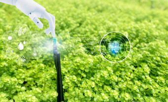机器人手触摸自动草坪上喷水灭火系统图标聪明的农业概念聪明的农业现代技术概念可持续发展的农业精度农业气候监控