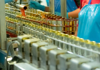 罐头鱼工厂食物行业沙丁鱼红色的番茄酱汁罐头罐输送机带食物工厂模糊工人工作食物处理生产行食物制造业行业