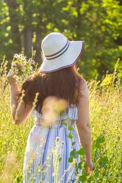 后视图美丽的年轻的女人走野花阳光明媚的夏天一天概念快乐沟通夏天自然