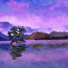 手画插图紫色的粉红色的日落景观水反射山树蓝色的天空云晚上日落sunsire风景场景石油绘画纹理草图风格