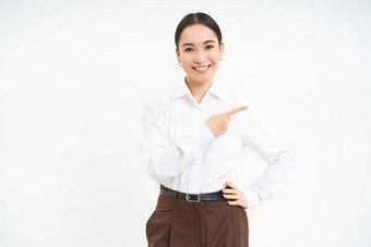 肖像微笑朝鲜文女人夫人老板点手指显示横幅广告白色背景