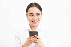 业务企业人年轻的亚洲女企业家智能手机工作移动电话站白色背景