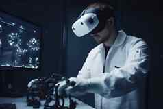 男人。虚拟机器人眼镜工程师机器人技术未来创新三维项目生成