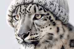 关闭肖像美丽的雪豹针织他绒球光灰色的背景