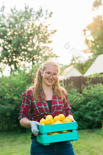 有机女农民持有盒子完整的新鲜的生产农场Copyspace快乐年轻的女人微笑相机站蔬菜花园成功的女农民收获蔬菜
