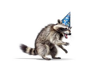 有趣的浣熊跳舞生日他浣熊庆祝生日他舞蹈五彩纸屑孤立的白色背景