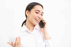 肖像亚洲企业女人女商人会谈移动电话谈话手机说话电话白色背景