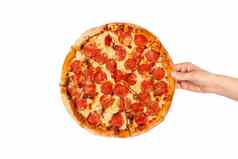 手持有采取美味的paperoni披萨孤立的白色前视图paperoni披萨概念意大利食物街食物快食物快速咬
